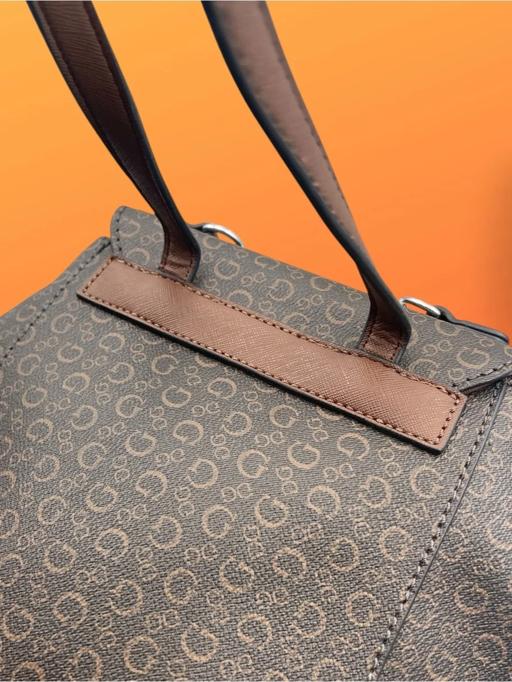 GUESS Wesley Monogram Mini Flap Backpack Purse – Dark Brown / Tan
